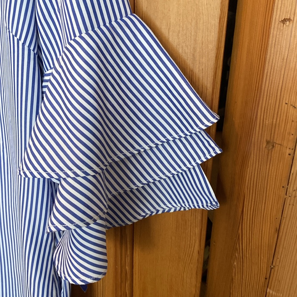 DO+BE Women’s Blue/White Pin Striped 3/4 Bell Sleeve Mini Dress. Size M - Picture 4 of 7